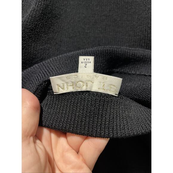 Vtg St John 2pc Skirt Suit Black Santana Knit Button Front Jacket Size 2 Buckles - Picture 11 of 12